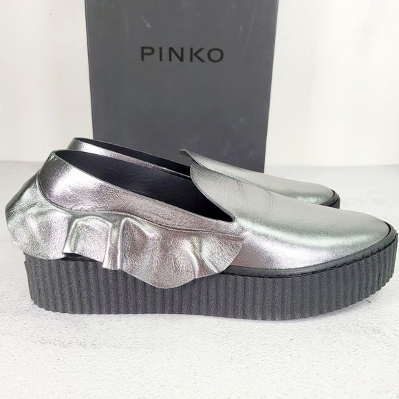 $460 NWT Pinko Silver‎ Chunky Platform Shoes 9 Metallic Ruffle Leather Loafer - Picture 11 of 15